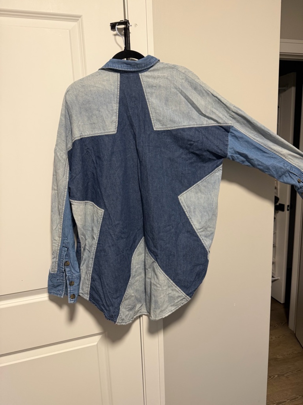 Free People Two-Tone Patchwork Denim Shirt Jacket - Blue - Picture 5 of 9